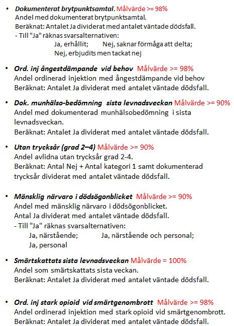 Mullsjö Åldersgrupp + Dok. brytpunktsamtal 1 Palliativ - Kvalitetsindikatorer Mänsklig närvaro i dödsögonblicket 7 Ord. inj stark opioid vid smärtgenombrott Utan trycksår (grad ) Ord.