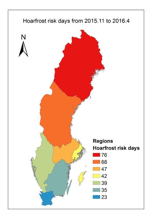 Figur 8. Beräknad fördelning av risk för rimfrosthalka i Sverige baserat på VViS-data. 3 Validering Valideringen av RSI har skett i två steg, i steg 1 validerades de fordonsbaserade sensorerna.