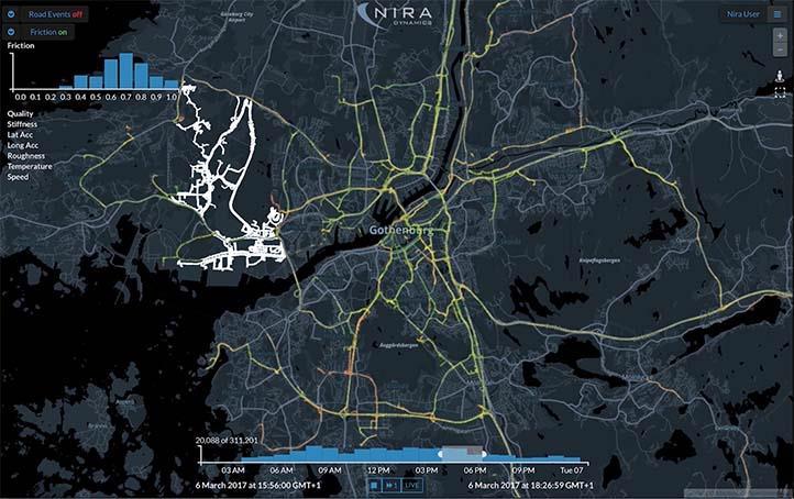 Figur 20. Inrapporterad friktion av fordonsflottan i Göteborg. Resultatet uppe till vänster visar en stor mängd rapporter av hög friktion.