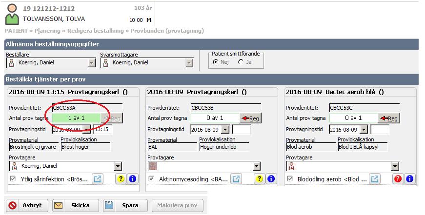 4 Kopiera till ny beställning I de fall där ett eller flera prover inte kan tas från den beställning som är lagd så kan man välja att kopiera dessa analyser till en ny beställning.