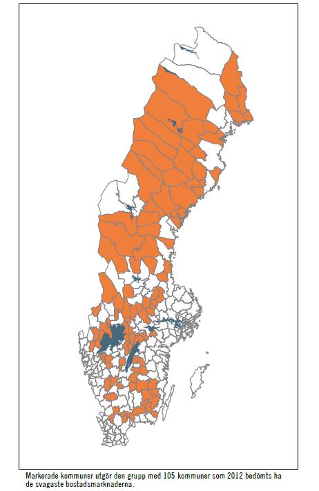 Kommuner med svag bostadsmarknad Med svag bostadsmarknad menas en marknad där efterfrågan på bostäder påverkas påtagligt av: en varaktigt minskande befolkning en varaktigt vikande arbetsmarknad