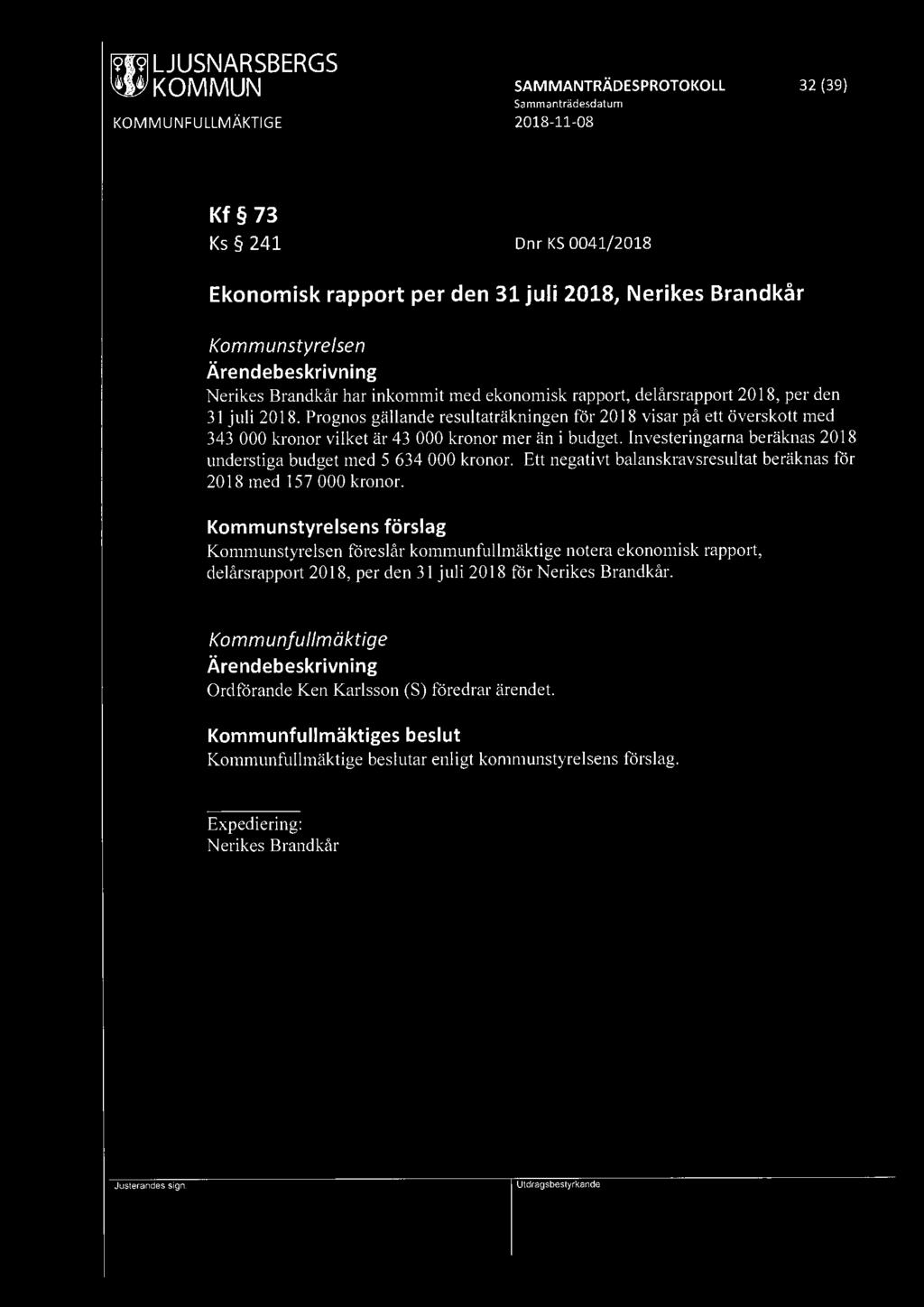 ~ KOMMUN SAMMANTRÄDESPROTOKOLL 32 (39) Kf 73 Ks 241 Dnr KS 0041/2018 Ekonomisk rapport per den 31 juli 2018, Nerikes Brandkår Kommunstyrelsen Nerikes Brandkår har inkommit med ekonomisk rapport,