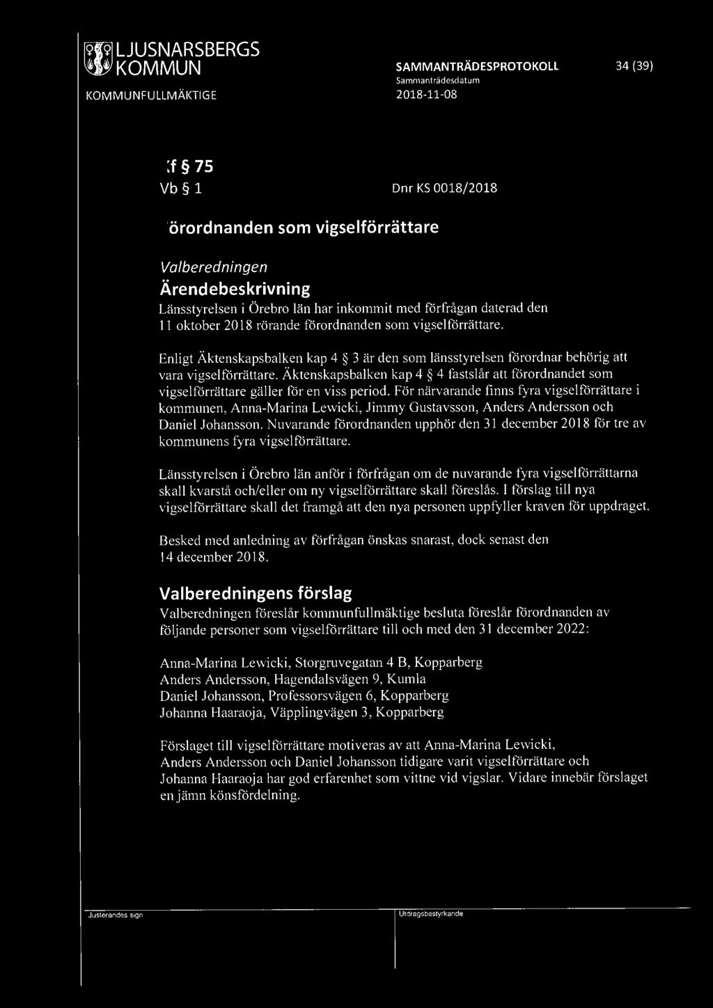 ~ KOMMUN SAMMANTRÄDESPROTOKOLL 34 (39) Kf 75 Vb 1 Dnr KS 0018/2018 Förordnanden som vigselförrättare Valberedningen Länsstyrelsen i Örebro län har inkommit med förfrågan daterad den 11 oktober 2018