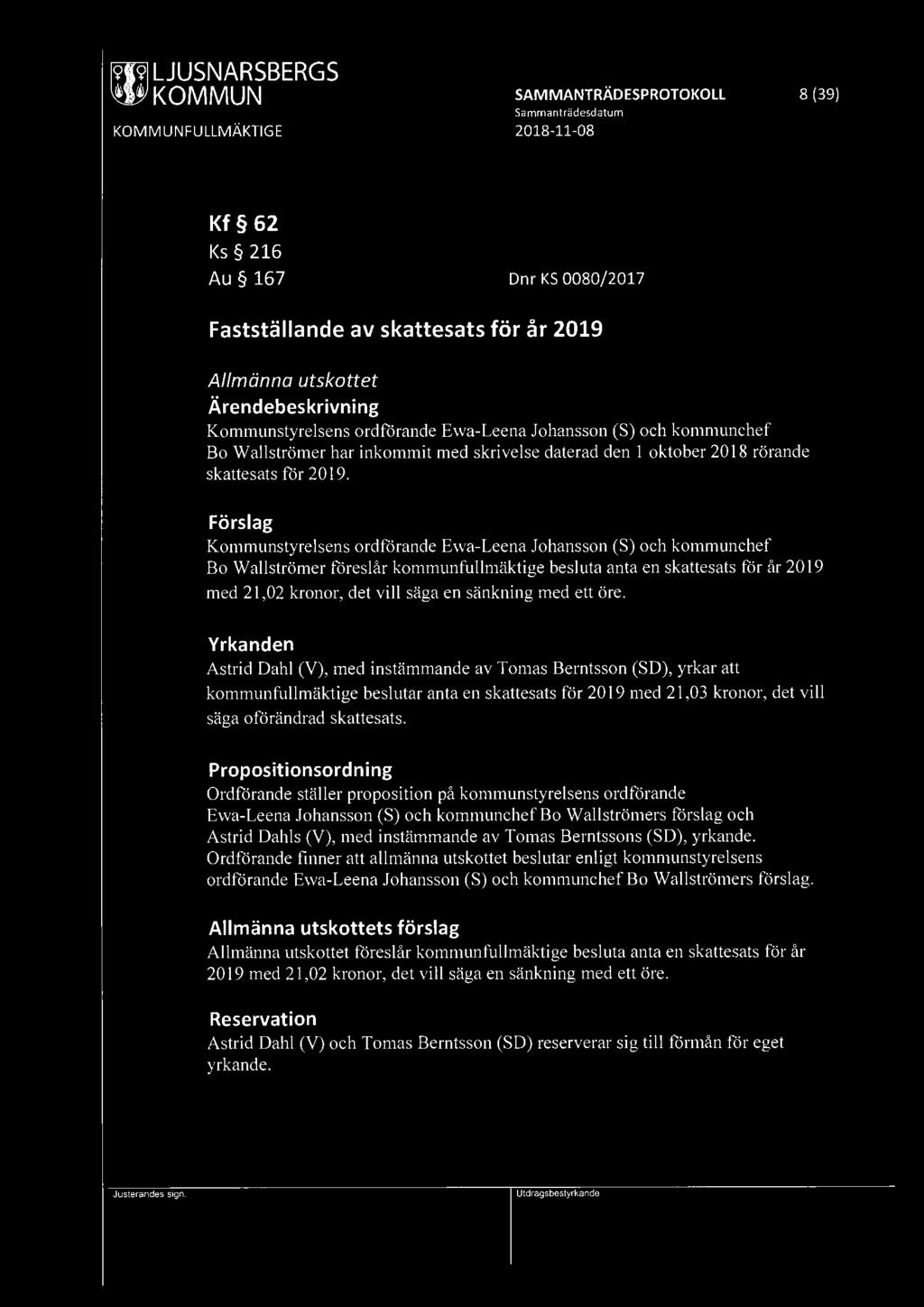 [9fi9] LJUSNARSBERGS ~ KOMMUN SAMMANTRÄDESPROTOKOLL 8 (39) Kf 62 Ks 216 Au 167 Dnr KS 0080/2017 Fastställande av skattesats för år 2019 Allmänna utskottet Kommunstyrelsens ordförande Ewa-Leena