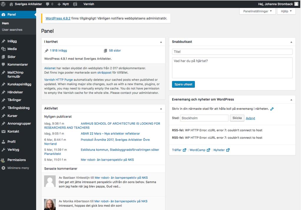 3 Gränssnittet Tips Välkommen nu är du inloggad på arkitekt.se! Detta är panelen för wordpress. Men ingen stress, det är väldigt få saker här du behöver ha koll på dessa är de viktigaste.