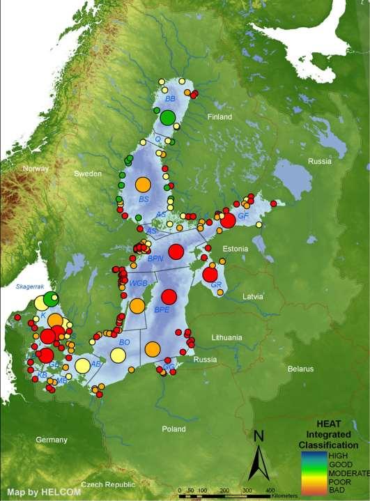 Eutrofiering. Stor cirkel är djupbassäng.