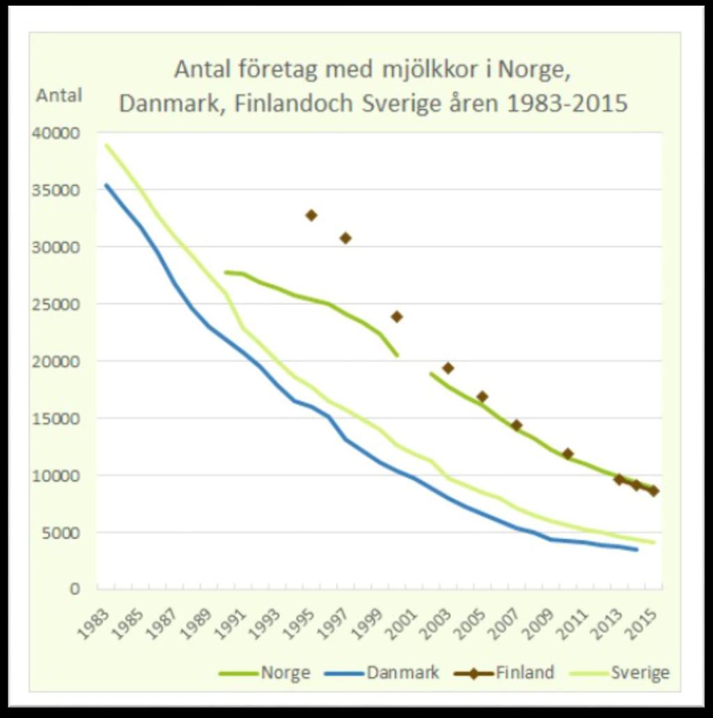Regionala strategin Konkurrenskraft Mjölkkorna har minskat med 30% i Norge, Finland och Sverige sedan 1995. Företagen blir färre och större.