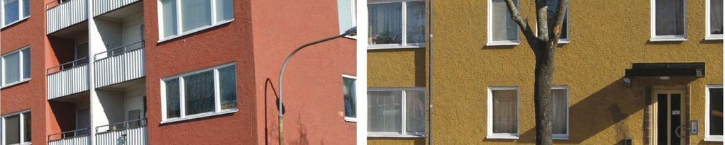 Färgsättning och putstyp på befintliga bostäder i planområdet.