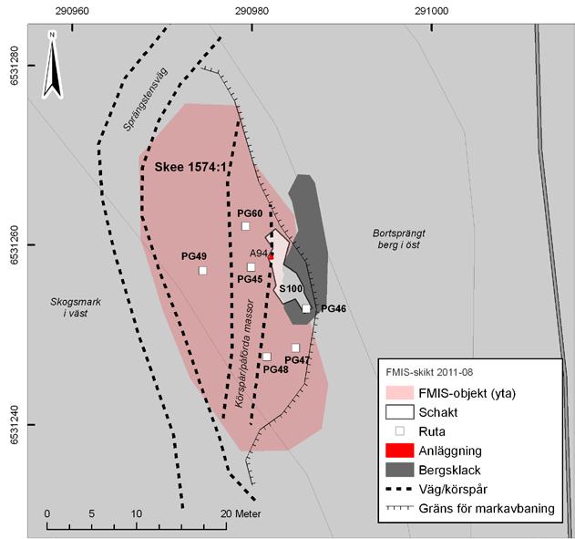 8 Bohusläns museum Rapport 2012:21 Figur 3. Plankarta över Skee 1574:1 med provgropar, schakt, anläggningar och iakttagna skador noterade. Sprängkanten är ej inmätt av säkerhetsskäl. Skala 1:400.