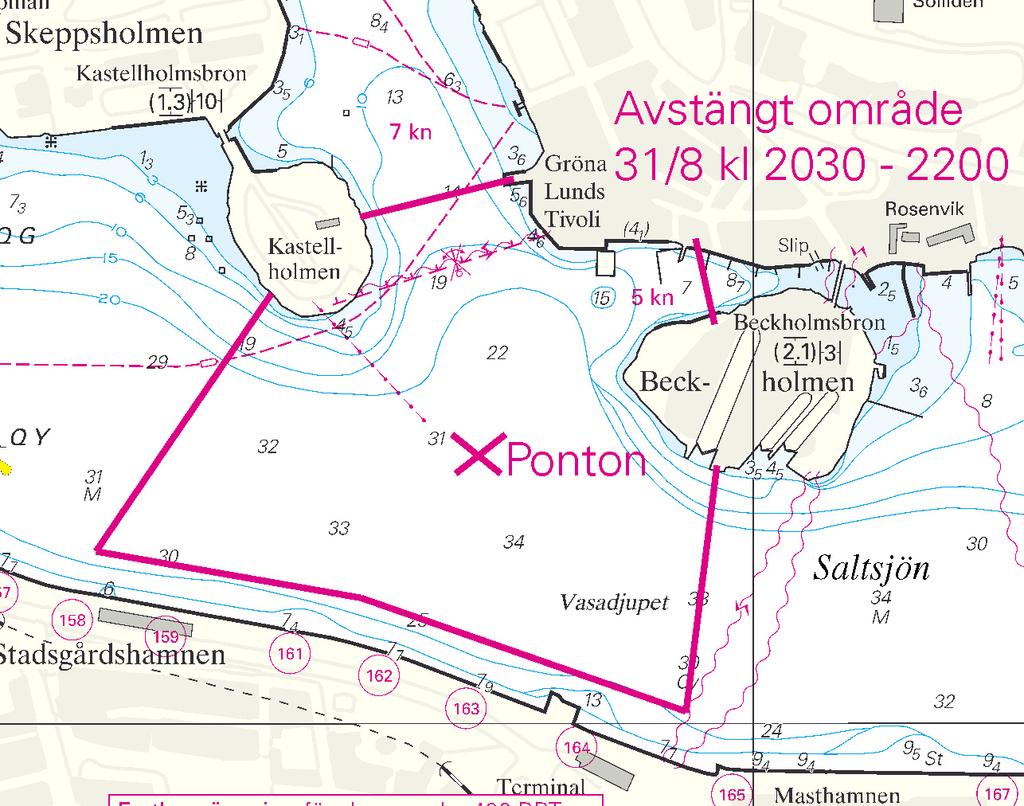 Nr 221 6 Ett område på Strömmen är avlyst för all sjötrafik under tidpunkten med anledning av fyrverkeri, se bild.