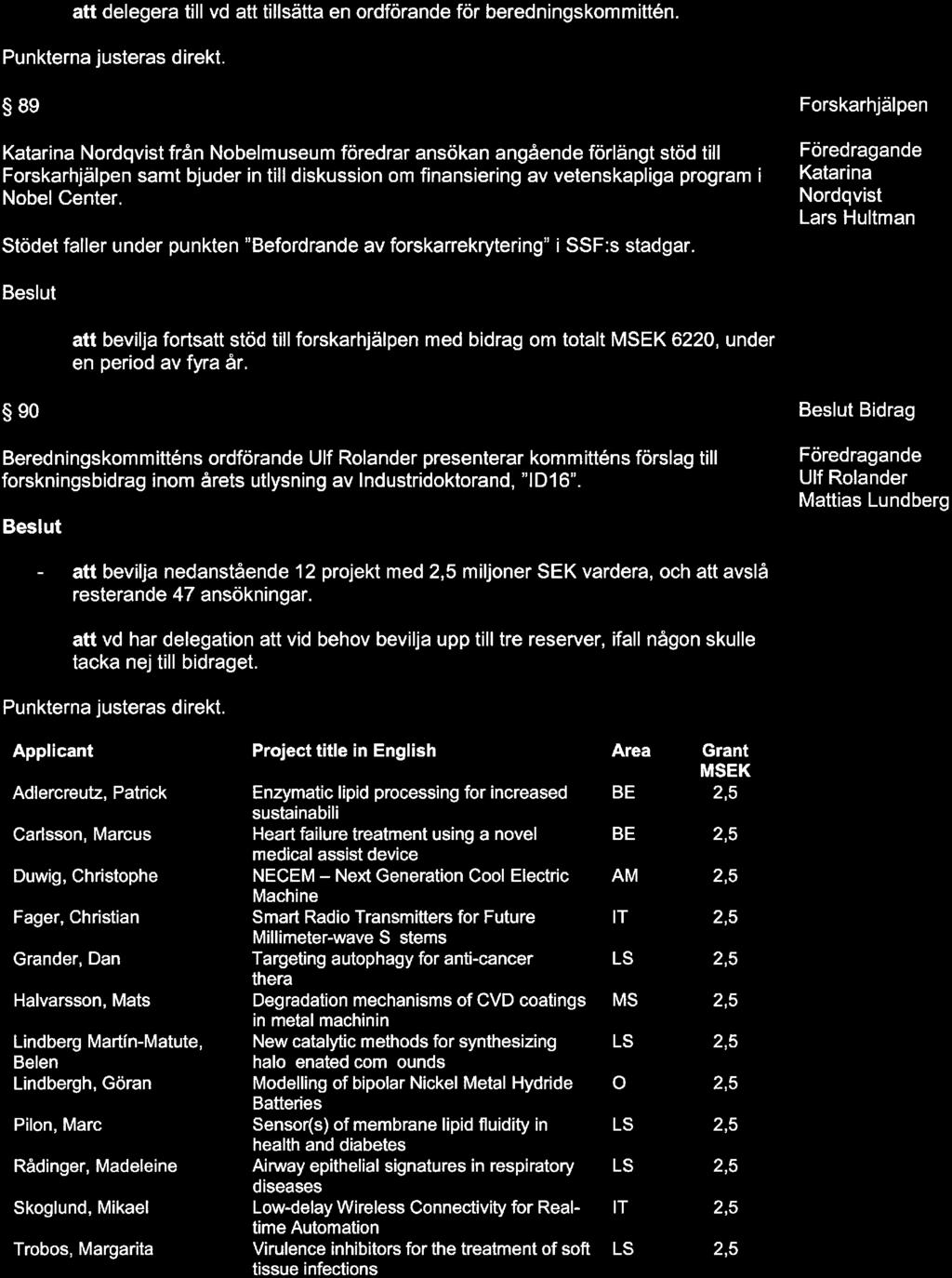 ^^ Stiftelsen för Strategisk Frskning Sammanträdesdatum: 2016--14 4/7 att delegera till vd att tillsätta en rdförande för berednings km mitten.