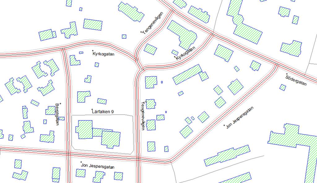 4. BESKRIVNING AV BULLERSITUATIONEN Fastigheten Lärkfalken 9 gränsar till Jon Jespersgatan, Tengenevägen och Bergsgatan, se figur 1. Figur1: Lärkfalken 9 och närliggande vägar.