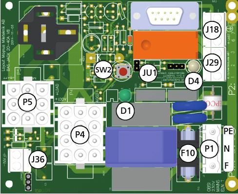 27200-XL-HS och BAS BAS 27300-XL-HS - VÄND Lastutgång 2: J18 Endast för tillvalskort T/BAS JFI BAS 27200-XL-HS / BAS 27300-XL-HS D1 LED Elnätsindikering JU1 Jumper för justering av larmnivå.