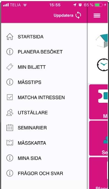 9 20 min 9. UPPGIFT I APPEN: SEMINARIEPROGRAM 1. Gå till menyn i appen. 2. Välj seminarier. 3. Bläddra bland seminarier och hitta tre seminarier att gå på under besöket på mässan.