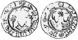 överens med de övriga svenska skattfynden, även om den är högre än Burgeskattens medelvikt. En trolig datering för Dbg 675 är 1086-1088. Kejsar Heinrich IV (1084 1106) Dbg 671 (fig.