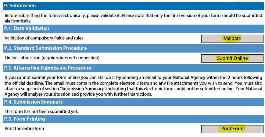 Under Sektion P. klickar du på Validate för att kontrollera att ansökan är fullständigt ifylld. Komplettera med de uppgifter som saknas och klicka Validate igen tills The form is valid kommer upp.