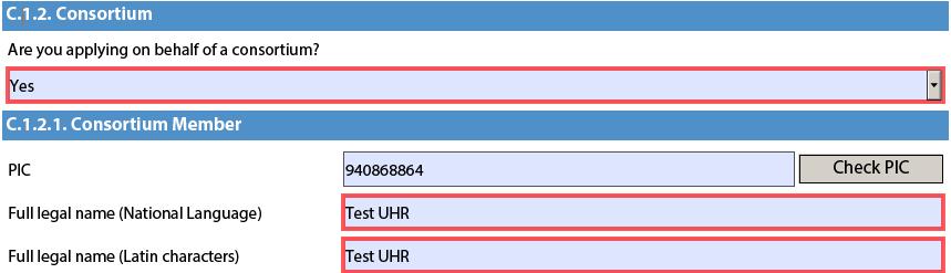 Sektion C.1.2 förändras beroende på om du ansöker som ett nationellt konsortium eller inte.