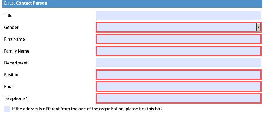 och i sektion C.1.5 ansökande organisations Contact Person. Efter sektion C.1.5 har du möjlighet att fylla i ytterligare en kontaktperson i den ansökande organisationen.