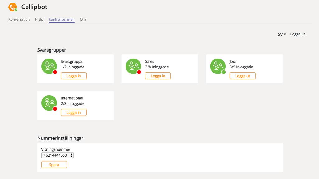 CELLIP 365 DASHBOARD Välj fliken Dashboard i din CelliBot för att logga in eller ut ur Cellip 365 svarsgrupper du är medlem i eller ställ in vilket nummer du visar på utgående samtal.