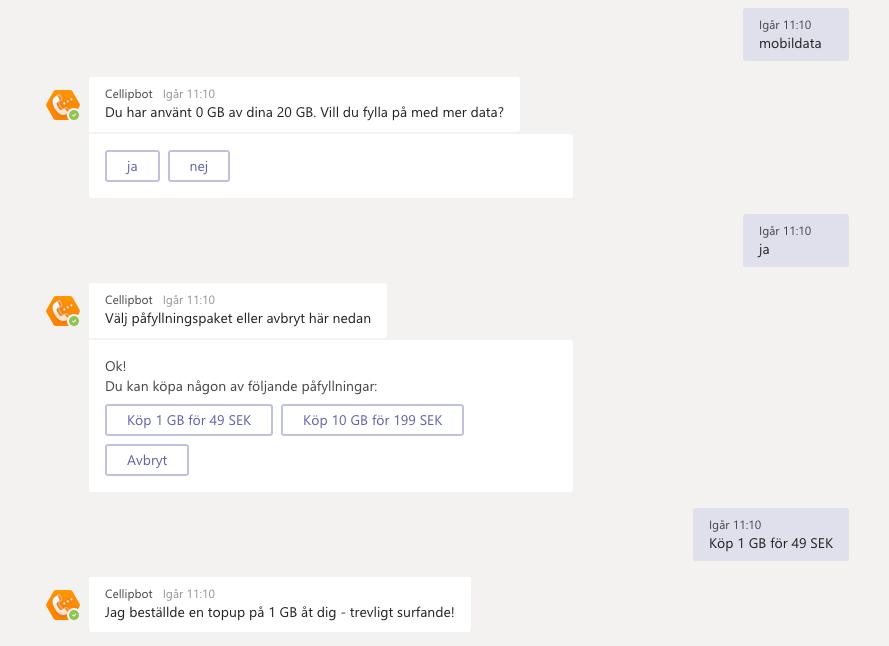 fylla på mobildata själv också möjligheten att be CelliBot om att lägga