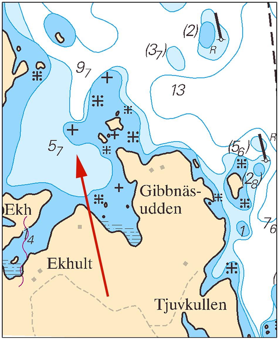 2014-08-28 4 Nr 509 Sydbrottet Norra Östersjön * 9718 Sjökort: 621 Sverige. Norra Östersjön. Arkö. Gibbnäsudden. Grund. Uppgrundningar har påträffats NV om Gibbnäsudden.