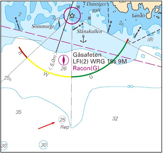Inför djupangivelse 25 m och texten Rep 56-01,67N 15-12,44E Bsp Hanöbukten 2014/s18 Sten, S om fyren Gåsafeten Kattegatt * 9746 (T) Sjökort: 924 Sverige. Kattegatt. Falkenberg hamn.