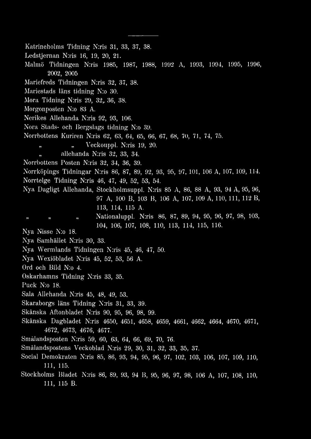 Norrbottens Kuriren N:ris 62, 63, 64, 65, 66, 67, 68, 70, 71, 74, 75. Veckouppl. N:ris 19, 20. allehanda N:ris 32, 33, 34. Norrbottens Posten N:ris 32, 34, 36, 39.