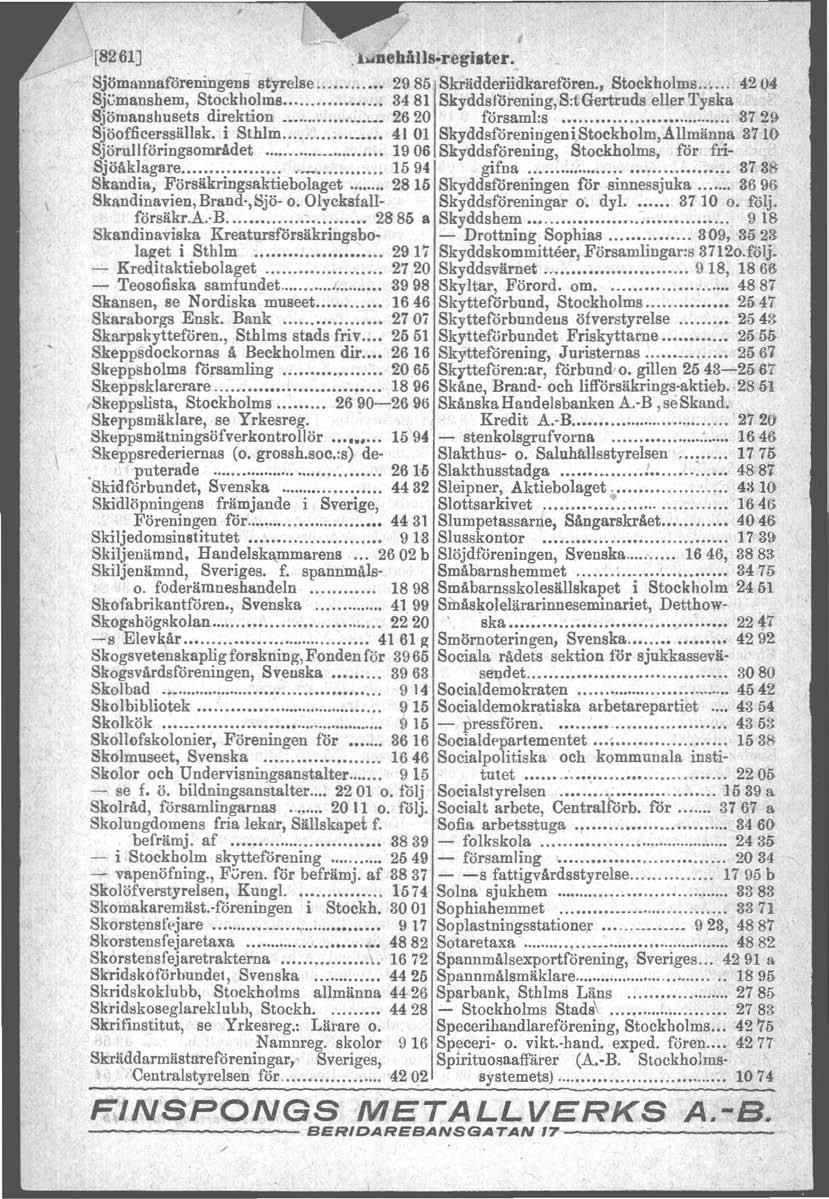 ~[~~61J.. ':.' _... l"dehåns~re~~.te~:.,., ',' '). SJomannaforemngens styrelse..... 2985. Skradderndkaref'oren., Stockholms 4~().4 Sjvmanshem, Stockholms, 3481 Skyddsförening,S:tGertruds.eI!er Tyska.