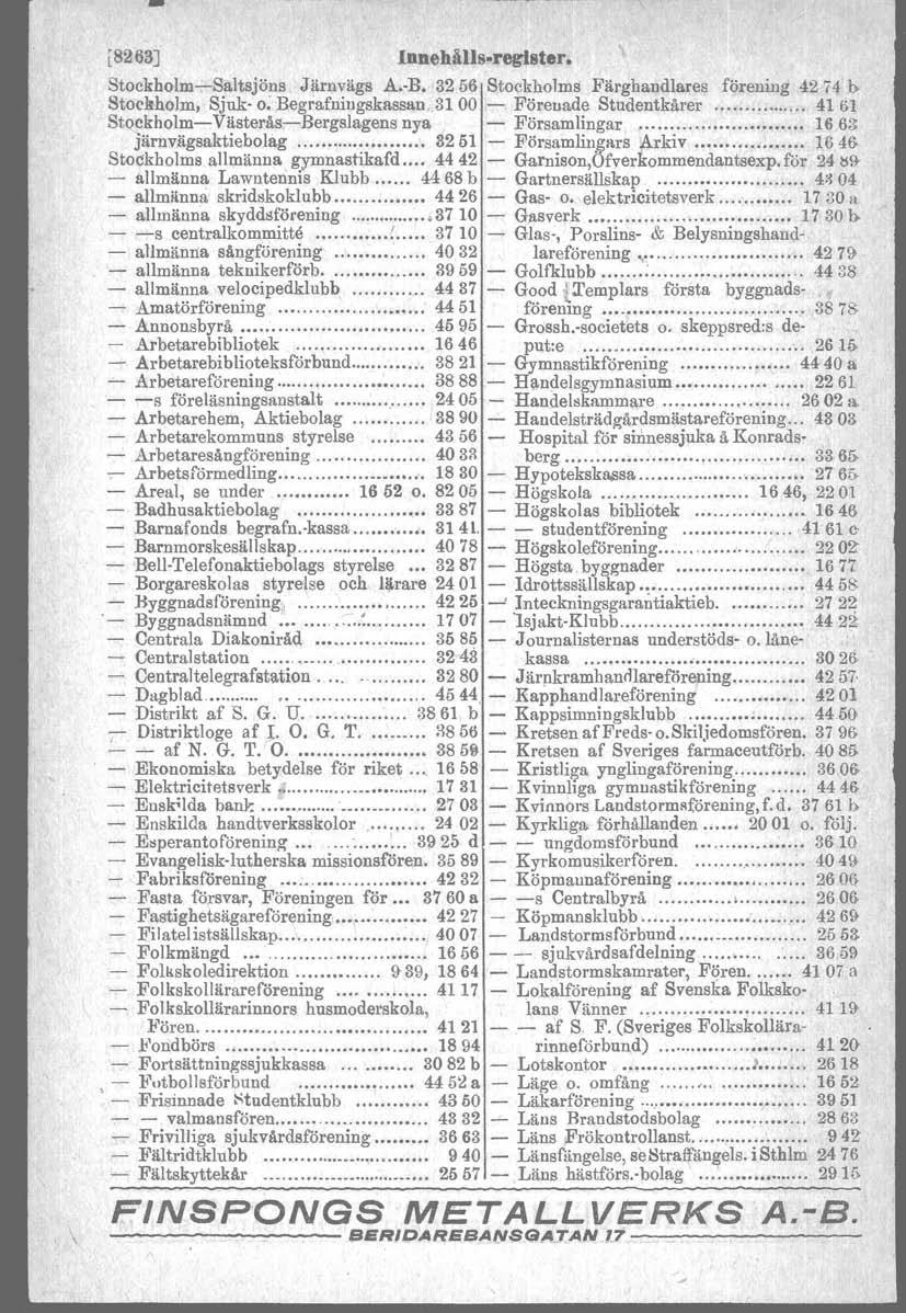 - [8263].Inneh~lls.reg18t.r. Stockholm-i-saltsjö~s. Järnvägs A,-B. 32 56 Stoekholms Färgba~dlares fgrening 4274' b. Stoekholm, Sjuk- o.-begrafningskassani.31 00,- Förenade Studentkårer ".. :.