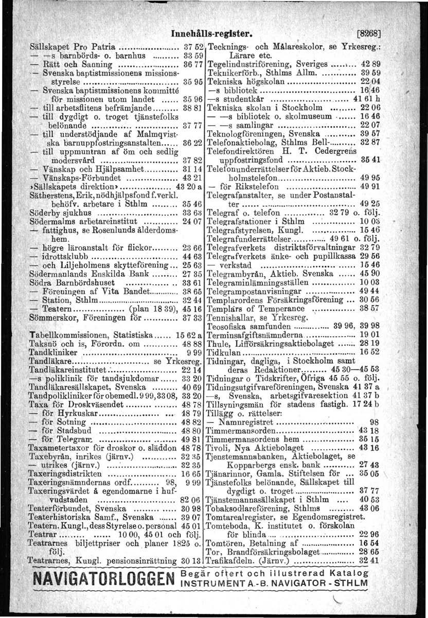 .',. Innehålls-register. SälIska~et Pro Patria............ 3752\ Tecknings' och Målar~skolor, se Yrkesreg.. - -s barnbörds- o. barnhus 3359 Lärare etc. '.,. Rätt och Sanning.