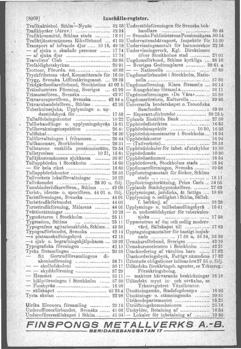 [8269], Innehålls reglster. Trafikaktiebol. Sthlm~Nynäs 3258 Understödsföreningen för Svenska bok- Trafikbyråer (Järnv.).- 3234 handlare 3045 'I'rafikkommitte, Sthlms stads 1891 - SvenskaPublicist.