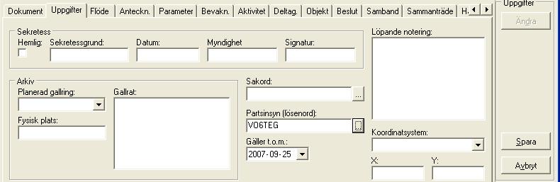 11.2 Partsinsyn Om person som berörs av ärendet ska kunna komma åt ärendet via partsinsyn och externwebben, måste ett lösenord på ärendet genereras. Det görs via fliken Uppgifter under ärendet.