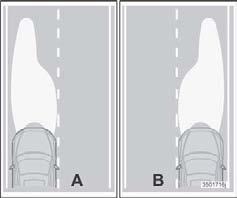 06 Start och körning Anpassning av ljusbild 06 Rätt ljusbild vid körning i höger- eller vänstertrafik A. Ljusbild för vänstertrafik. B. Högertrafik.