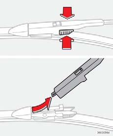 09 Underhåll och service 09 Torkarblad Byte av torkarblad Byte Fäll ut torkararmen och håll i torkarbladet. OBS Torkarbladen har olika längd.