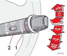 02 Instrument och reglage Höger rattspak Vindrutetorkare uppåt för att få kortare tid mellan svepen. Vrid nedåt för att öka tiden. Genom att kort föra spaken mot ratten spolas endast vindrutan.