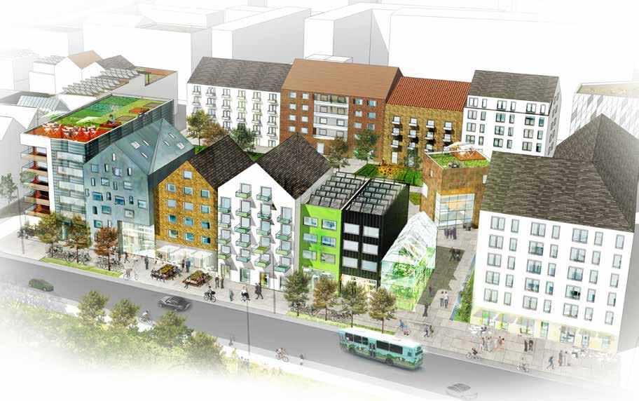 Illustration som visar hur nya stadskvarter kan utformas med variation i uttryck och innehåll och händelserika bottenvåningar.