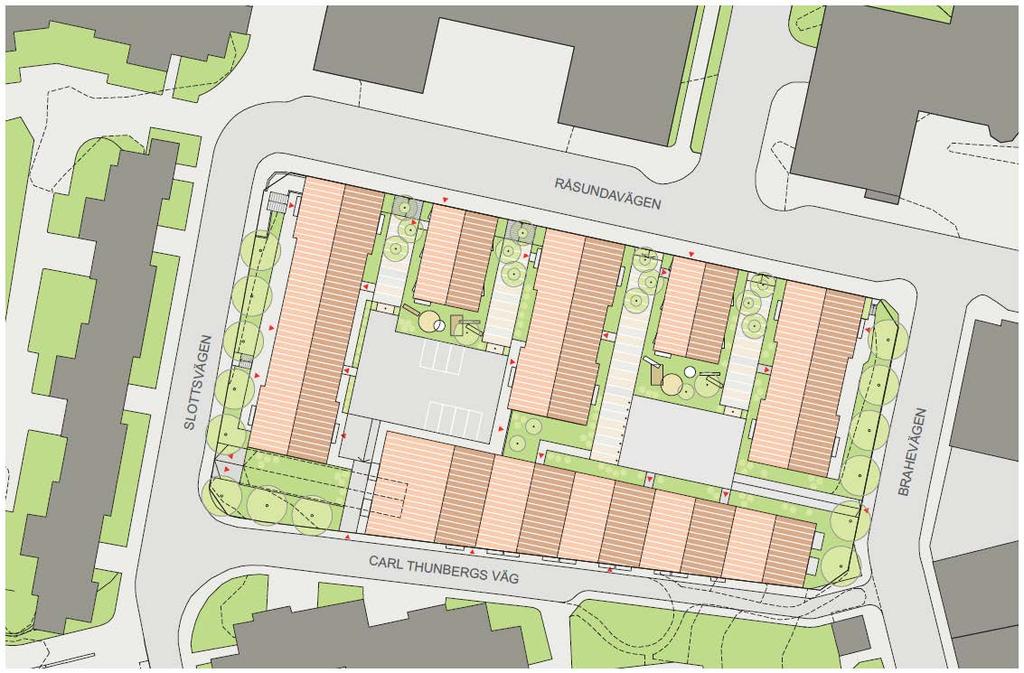 5 (8) Planerad bebyggelse Föreslagen ny utformning Två nya flerbostadshus uppförs utmed Råsundavägen. Byggnaderna placeras med fasaden i gatans liv för att förstärka ett tydligt gaturum.