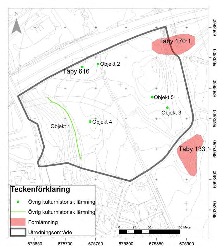 Figur 2. Utredningsresultatet. Fornlämningar (gravfält) är markerade med rött och övriga kulturhistoriska lämningar (Objekt 1-5) är markerade med grönt (husgrund Täby 616 är känd sedan tidigare).