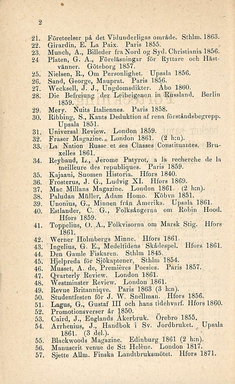 21. 22. 23. 24 25. 26. 27. 28. 29. 30. Företeelser på det Yidunderligas område. Sthlm. 1863. Girardin, E. La Paix. Paris 1855. Munch, A., Billeder fra Nord og Syd. Christiania 1856. Platen, G. A., Föreläsningar för Ryttare och Hästvänner.