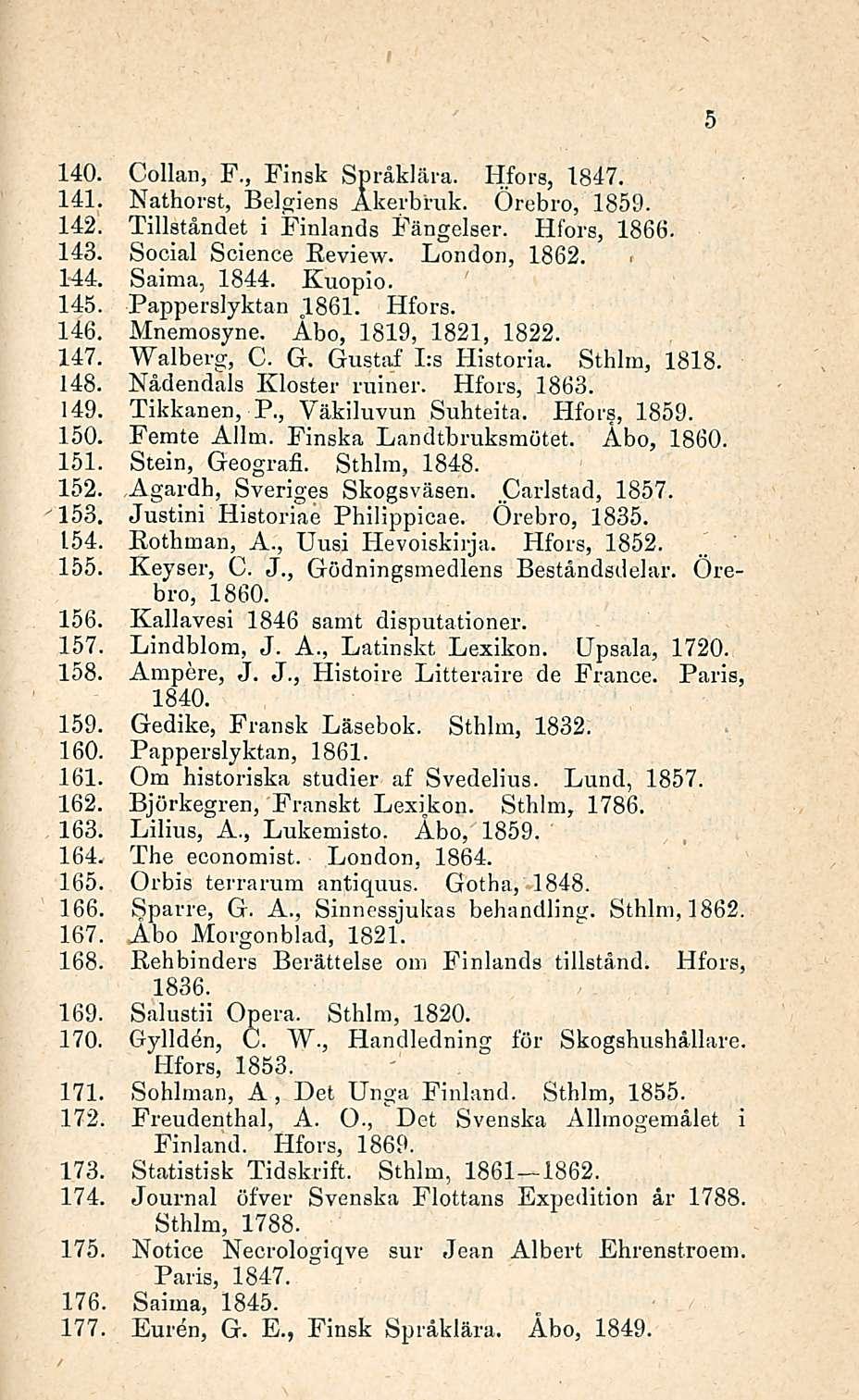 140. Collan, F., Finsk Språklära. Hfors, 1847. 141. Nathorst, Belgiens Åkerbruk. Örebro, 1859. 142. Tillståndet i Finlands Fängelser. Hfors, 1866. 143. Social Science Review. London, 1862. 144.