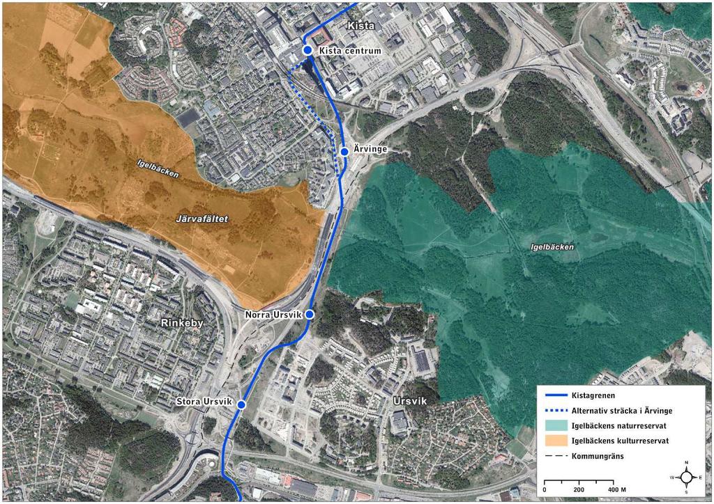Figur 11. Kistagrenens sträckning mellan Igelbäckens naturreservat och kulturreservat på Järvakilen. Föreslagen sträckning innebär att det är cirka meter mellan reservatens gräns och spårvägen.