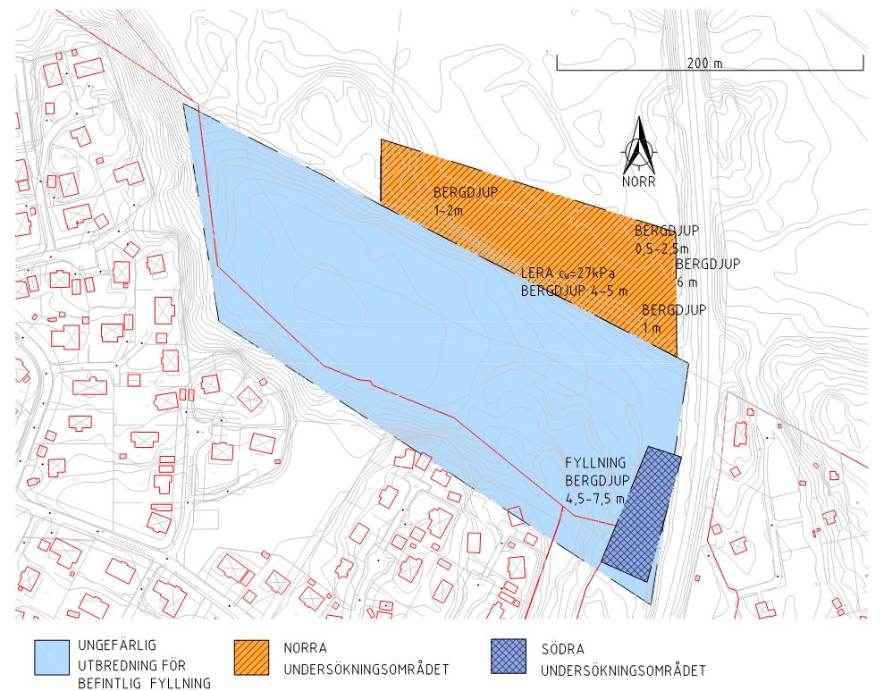 Figur 2. Befintlig uppfyllnad och undersökningsområden. Geotekniska förhållanden för undersökta områden Norra området Ytligt berg i väster, norr och öster. Som djupast 5 m till berg längs släntfoten.