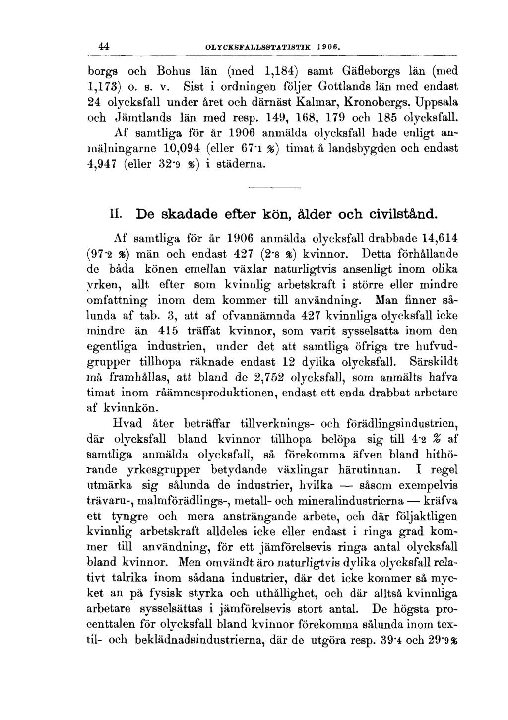 44 OLYCKSFALLSSTATISTIK 1906. borgs och Bohus län (med 1,184) samt Gäfleborgs län (med 1,173) o. s. v.