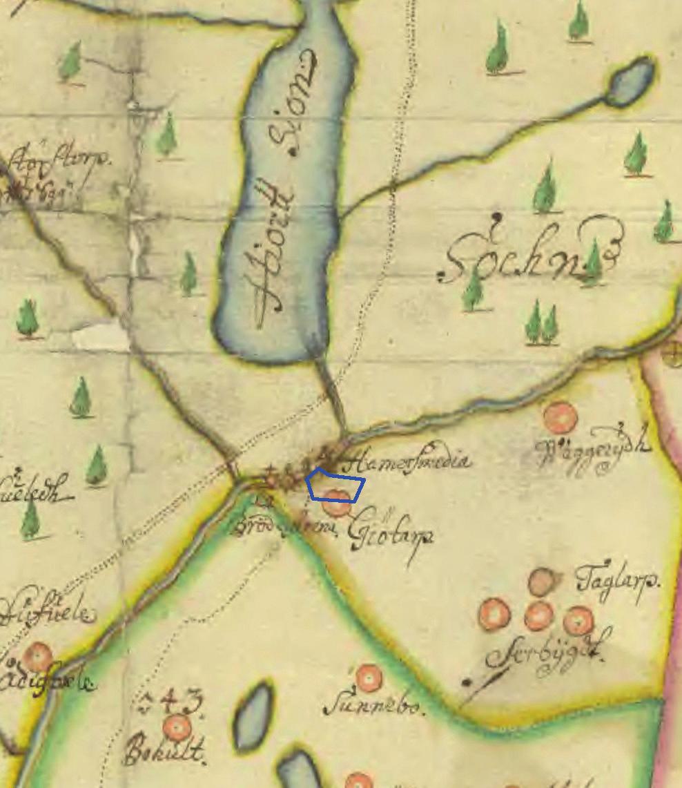 8 ARKEOLOGISK RAPPORT 2017:10 figur 5. Häradskartan från 1686. Utredningsområdet är blåmarkerat. 1961). År 1672 gavs privilegium att bygga en hammarsmedja på platsen.