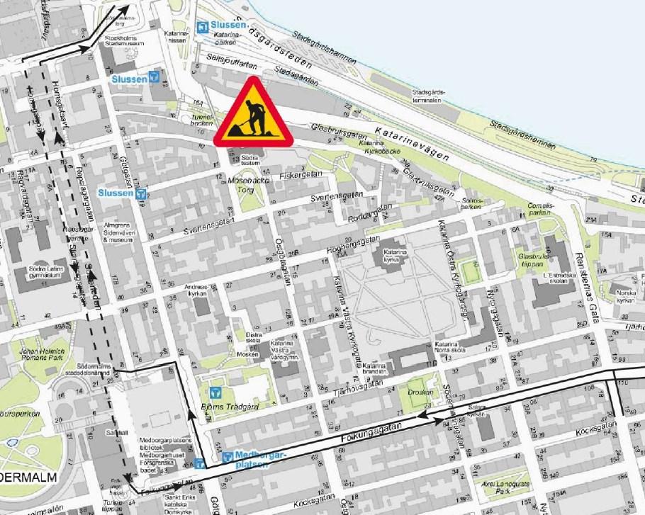 Sida 17 (28) Omledningssträcka norrut för busslinjer under ombyggnationen av Slussen då Katarinavägen är avstängd.