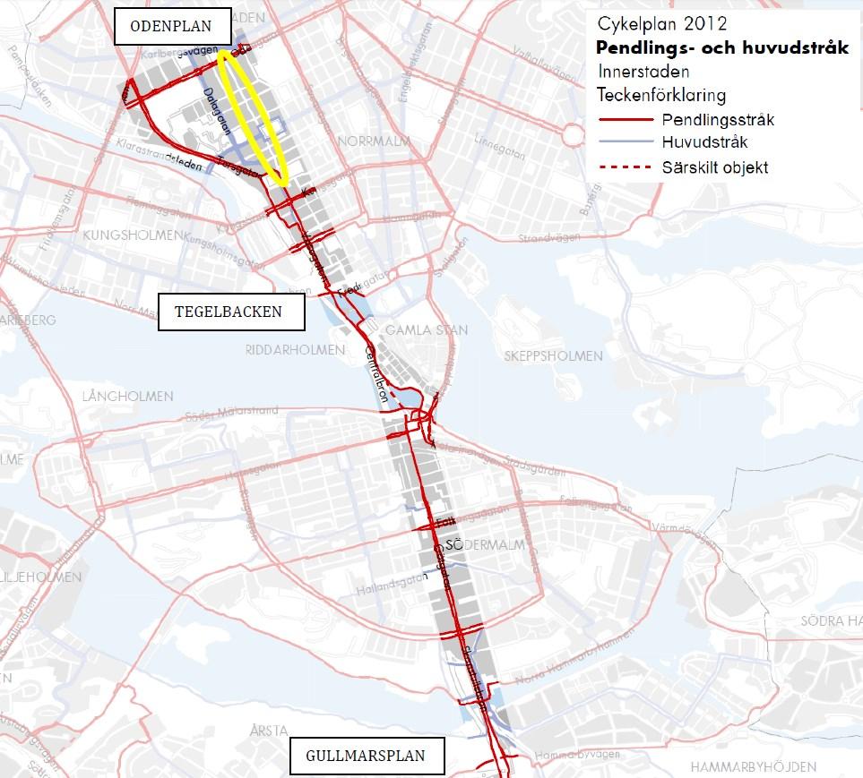 Sida 5 (28) Nuläge Cykelstråket har en mycket stor variation i utformning av cykelbanor och cykelfält, blandtrafik och cykling på gågata.