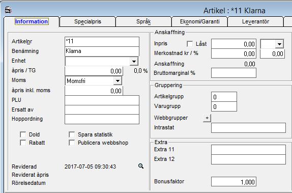 Uppläggning av betalartikel Ange ett artikelnummer för betalartikeln för Klarna.