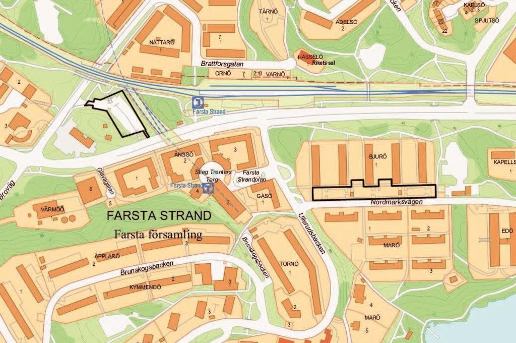 Sida 6 (40) Karta med planområdet markerat med svart linje Tidigare ställningstaganden Översiktsplan Översiktsplanen för Stockholm har pekat ut Farsta som en av flera tyngdpunkter i Stockholms stad.