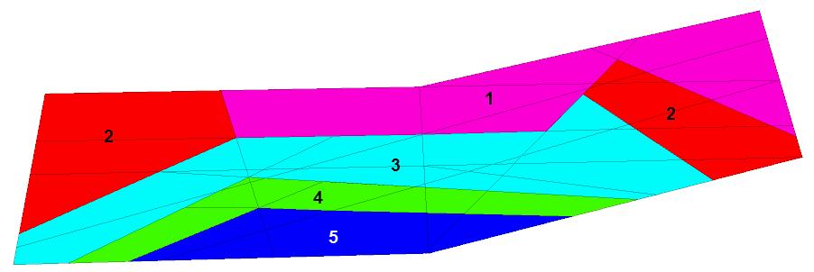 Figur 39: Brytningssteg från 3DEC (fem steg) som simulerar utbrytning från Kaptensförkastningen ( öppning från struktur ).