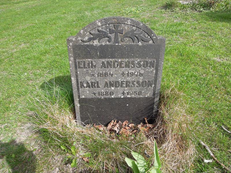 Grav 51 Gravstenens placering: Äldre delen av kyrkogården, på norra sidan av kyrkan. Elin Andersson 1884 1846 Karl Andersson 1880-1950 18840224 Andersson f.